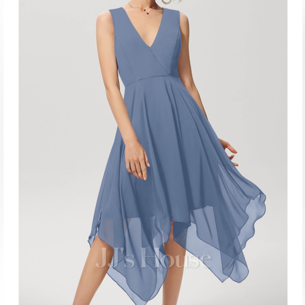 JJs House | A-line V-Neck Asymmetrical Chiffon Cocktail Midi Dress | Size 8